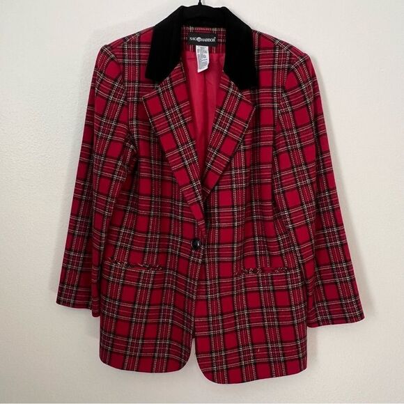 Sag Harbor Blazer Red Plaid Wool Blend Size 10 Black Velvet Collar Career - Picture 1 of 6